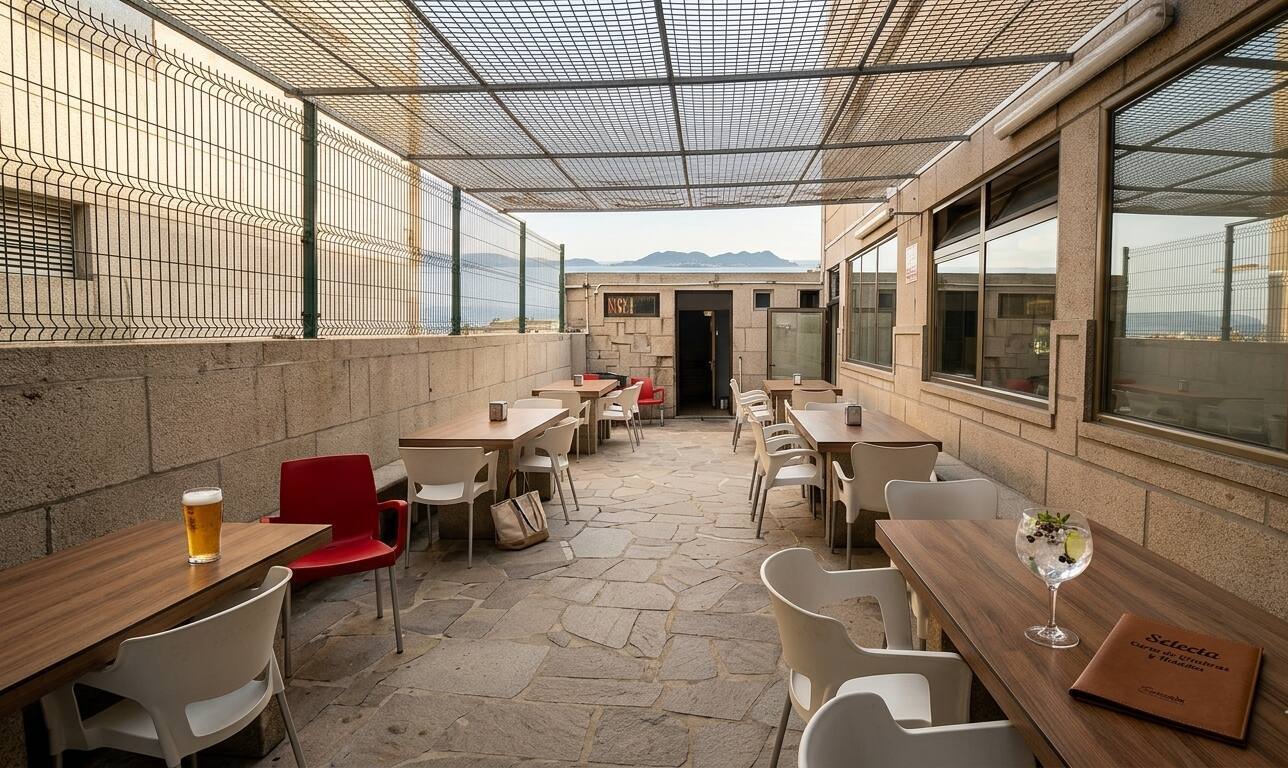 Imagen Interior del camping con mesas y bebidas